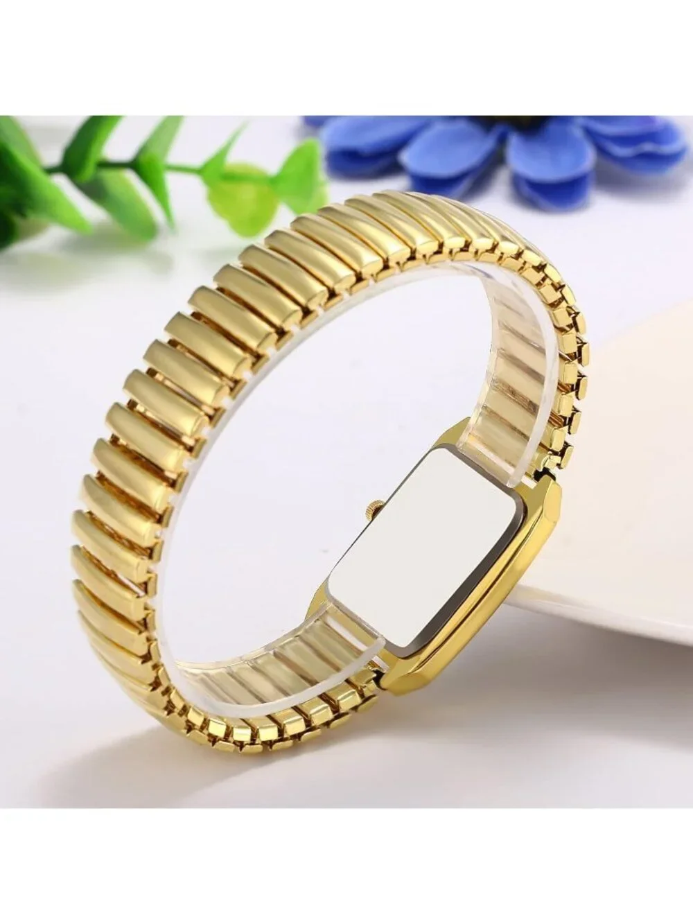 Women's Gold Analog Quartz Big Dial Easy Reader Stretch Band Square Wrist Watch